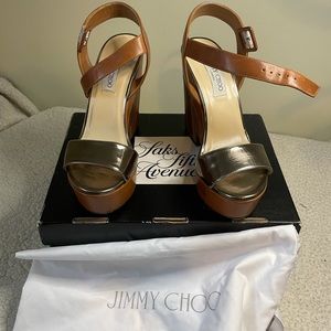 Jimmy Choo bronze, wood heel wedge sandal.